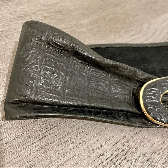 Vintage Accessories Vintage Hieroglyph Black Belt Gold Hardware